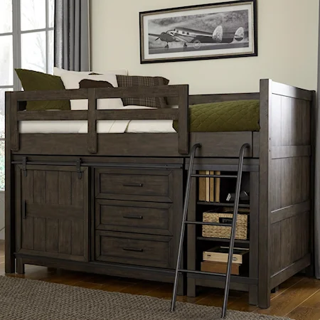 Rustic Twin Loft Bed with Dresser and Low Loft Bookcase